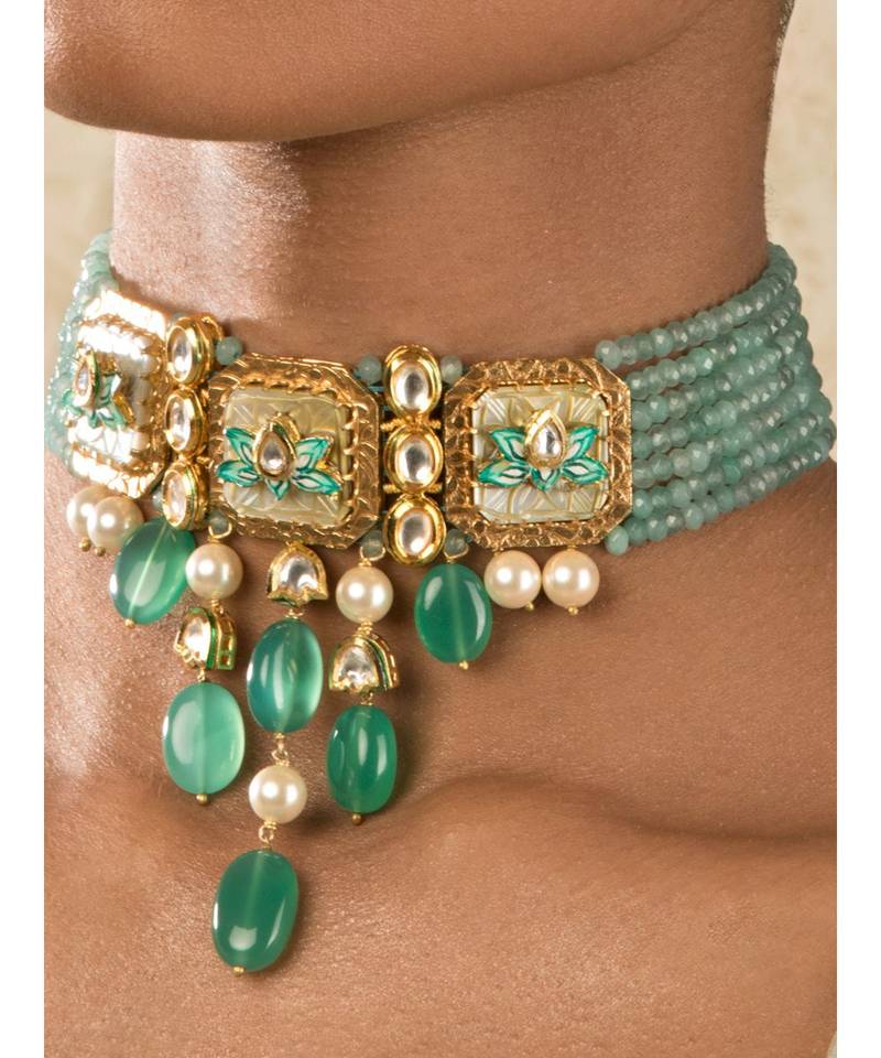 Enigma Green Enamelled Kundan Necklace And Earrings Set