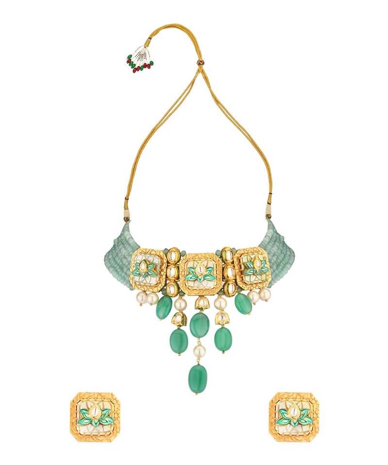 Enigma Green Enamelled Kundan Necklace And Earrings Set