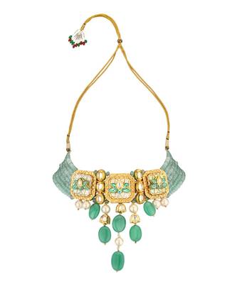 Enigma Green Enamelled Kundan Necklace And Earrings Set 4