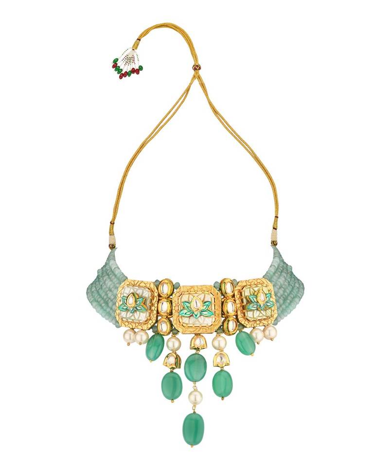 Enigma Green Enamelled Kundan Necklace And Earrings Set