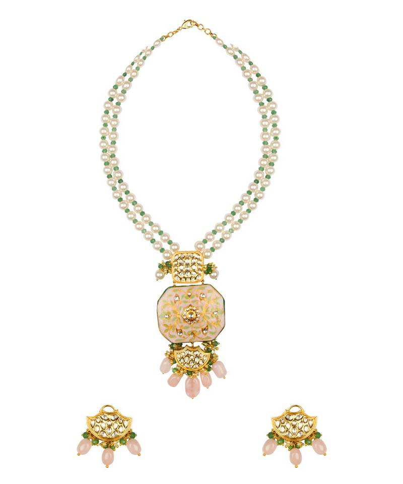 Ethnic Bling Enamelled White And Gold Kundan, Jade Drops,  Pearls Necklace And Earrings Set.