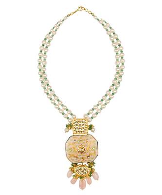 Ethnic Bling Enamelled White And Gold Kundan, Jade Drops,  Pearls Necklace And Earrings Set. 4