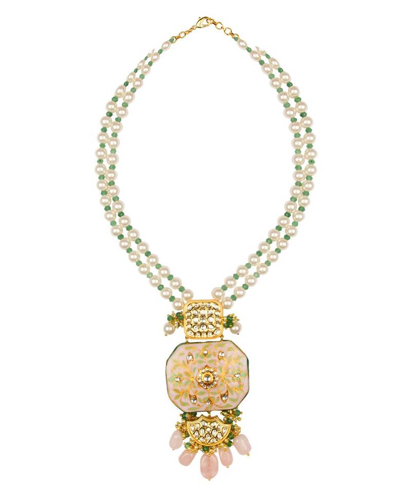 Ethnic Bling Enamelled White And Gold Kundan, Jade Drops,  Pearls Necklace And Earrings Set.