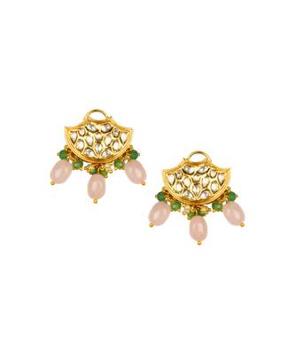 Ethnic Bling Enamelled White And Gold Kundan, Jade Drops,  Pearls Necklace And Earrings Set. 5