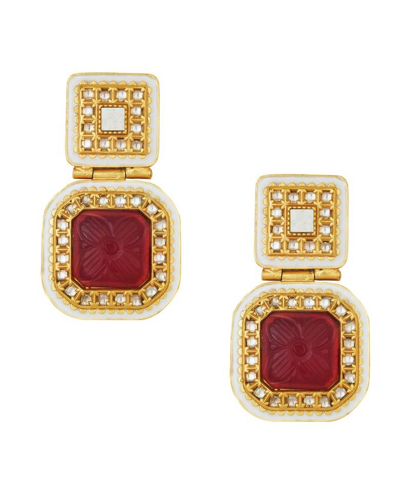 Dazzling Red Enamelled Gold Kundan Polki Earrings
