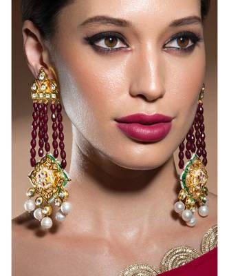 Timeless Kundan Polki Earrings In Hydro Ruby Beads Paired With Baroque Pearls 1