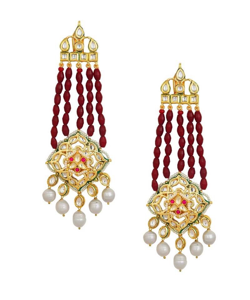 Timeless Kundan Polki Earrings In Hydro Ruby Beads Paired With Baroque Pearls
