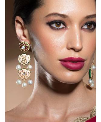 Charming Peach Enamelled Kundan Polki And Baroque Pearl Earrings 1
