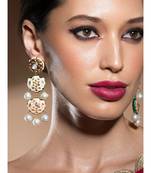 Charming Peach Enamelled Kundan Polki And Baroque Pearl Earrings