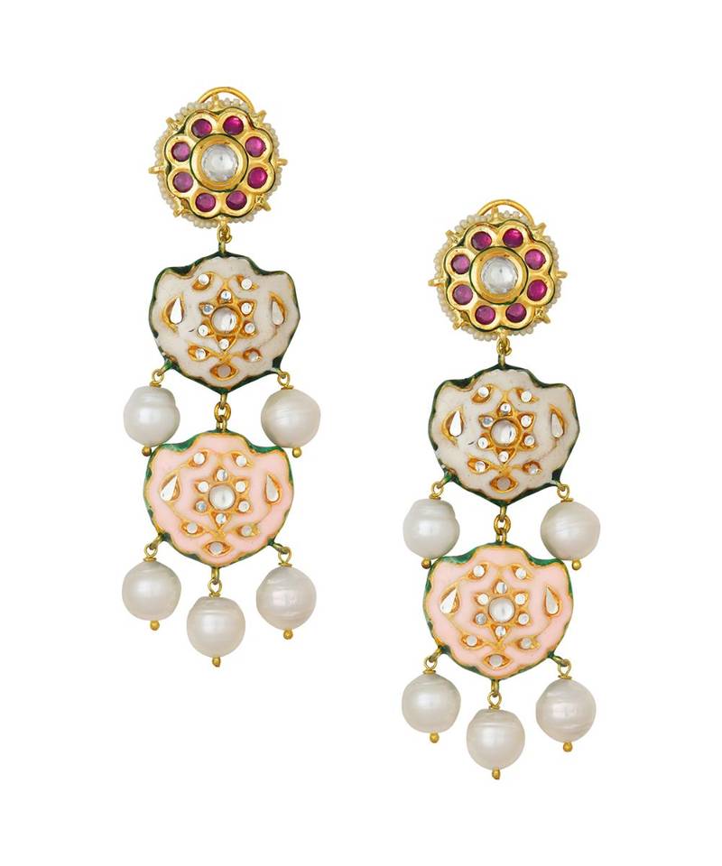 Charming Peach Enamelled Kundan Polki And Baroque Pearl Earrings