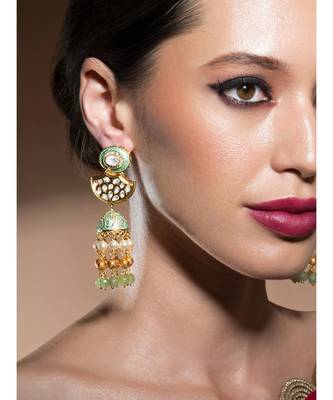 Intoxicating Gold Enamelled Kundan Polki Earrings With Shell Pearls And Gold Beads 1