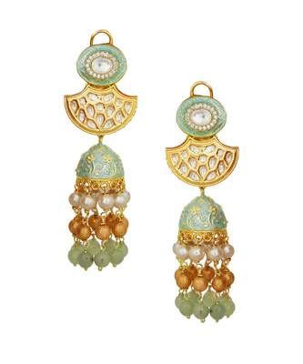 Intoxicating Gold Enamelled Kundan Polki Earrings With Shell Pearls And Gold Beads 2