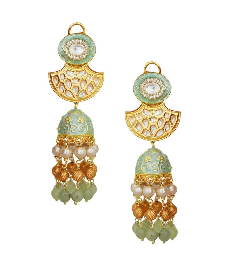 Intoxicating Gold Enamelled Kundan Polki Earrings With Shell Pearls And Gold Beads
