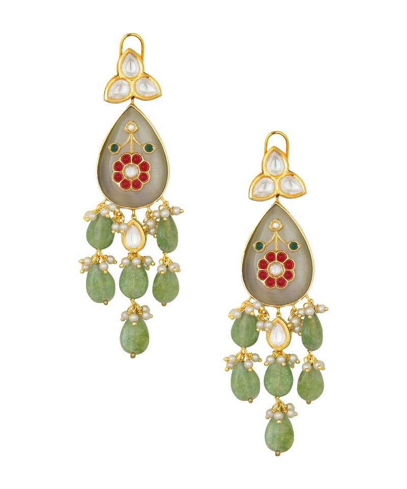 Marvellous Hydro Ruby And Emerald Kundan Polki Earrings With Jade Drops