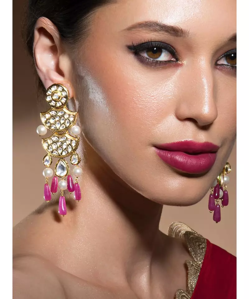 Golden Kundan Polki Earrings With Shell Pearls And Jade Drops