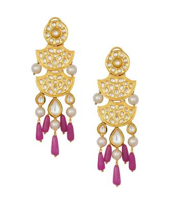 Golden Kundan Polki Earrings With Shell Pearls And Jade Drops 2