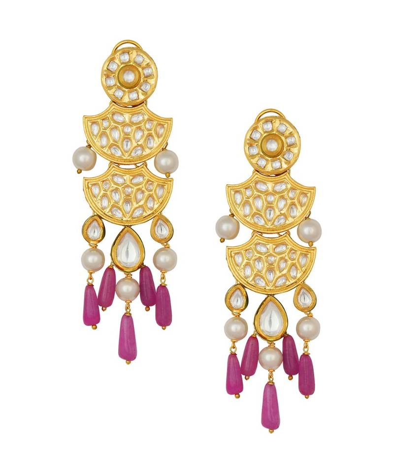 Golden Kundan Polki Earrings With Shell Pearls And Jade Drops