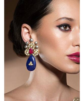Blissful Kundan Polki Earrings With Carved Hydro Rubies, Shell Pearls And Onyx Drops 1