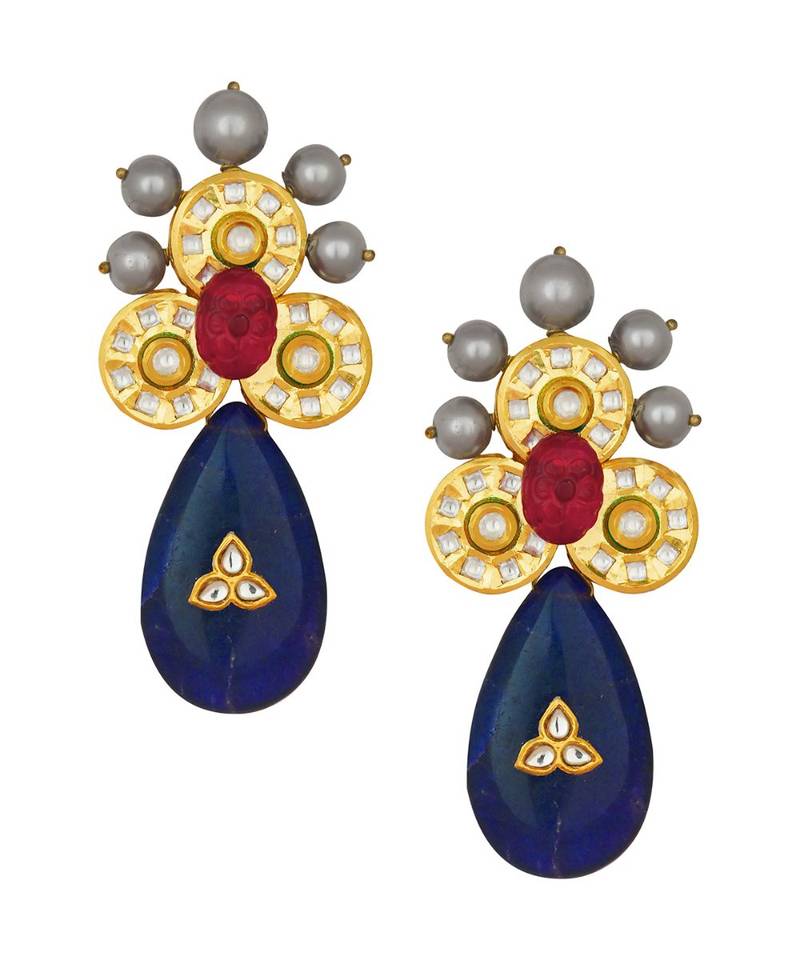 Blissful Kundan Polki Earrings With Carved Hydro Rubies, Shell Pearls And Onyx Drops