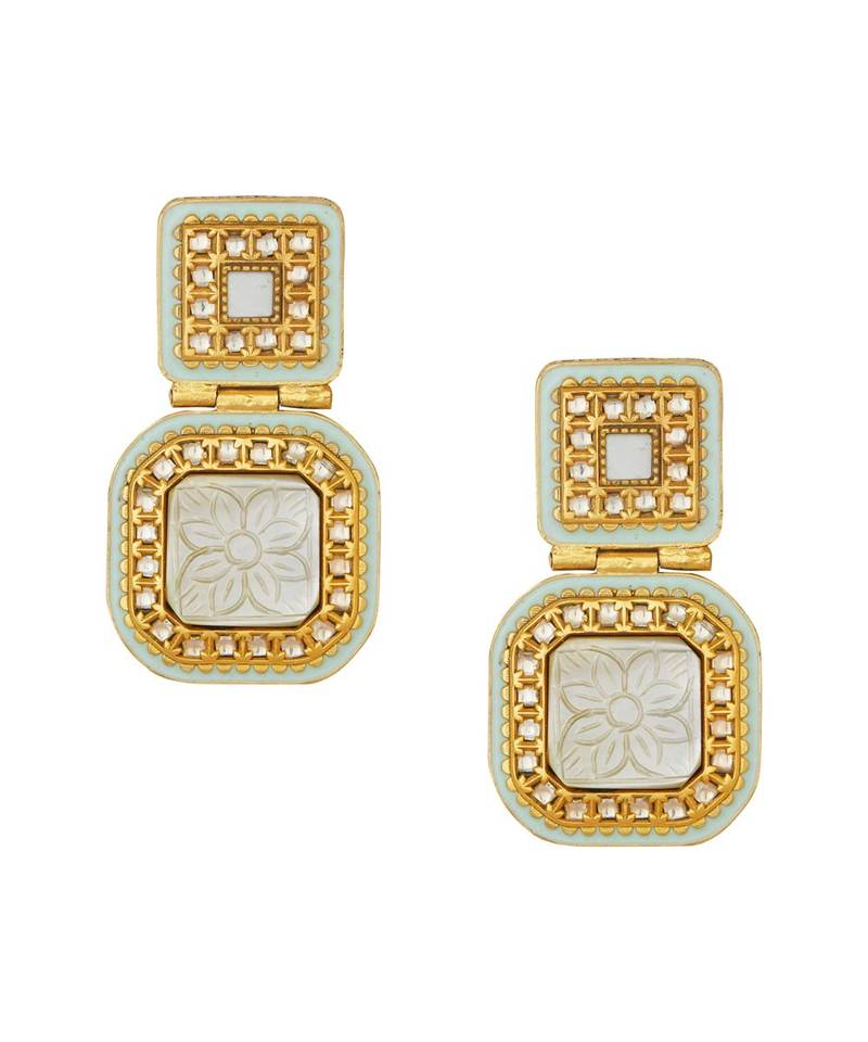 Exquisite Kundan Polki Gold Enamelled White Pearl Earrings