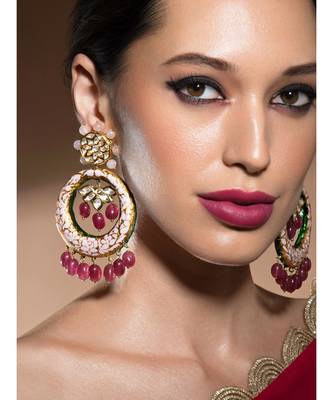 Magnificent Kundan Polki Gold Enamelled Earrings With Hydro Ruby Drops 1