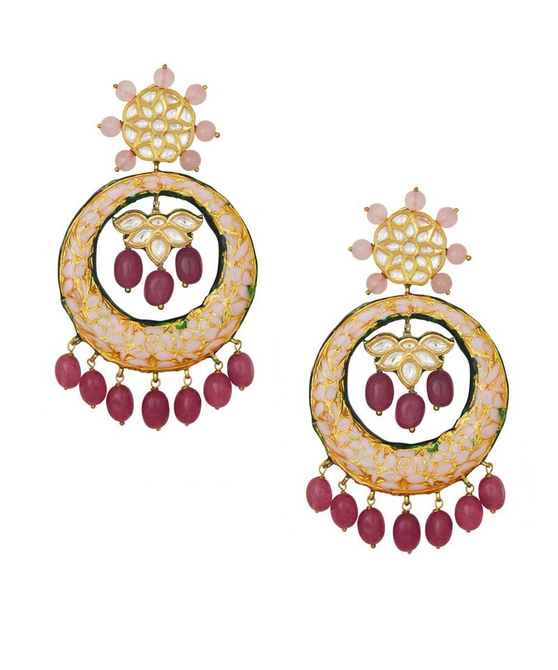 Magnificent Kundan Polki Gold Enamelled Earrings With Hydro Ruby Drops