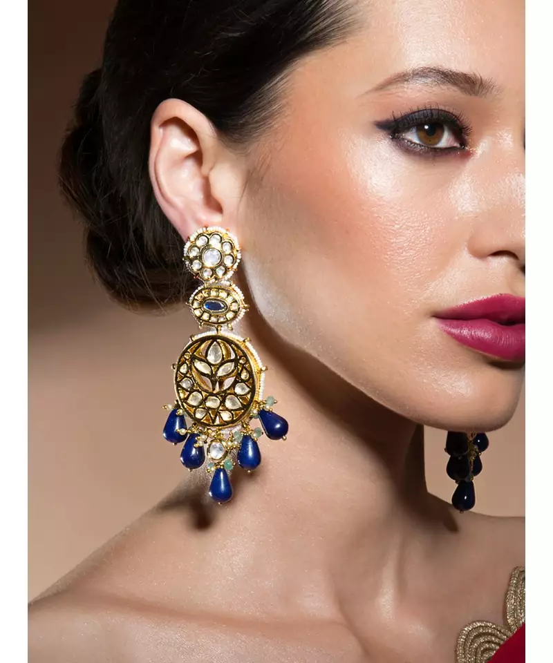 Detailed Kundan Polki Earrings With Dazzling Blue Onyx Drops