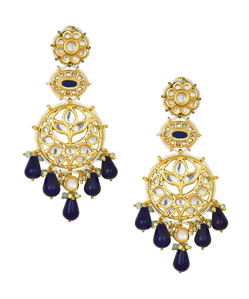 Detailed Kundan Polki Earrings With Dazzling Blue Onyx Drops