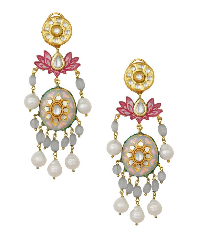 Sublime Kundan Polki Gold Enamelled Earrings In Baroque Pearls And Quartz Drop