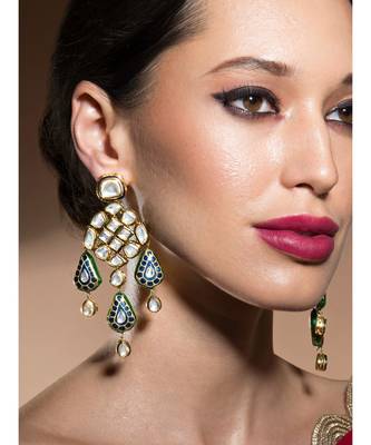 Eccentric Golden Meenakari Work On Traditional Kundan Polki Earrings 1