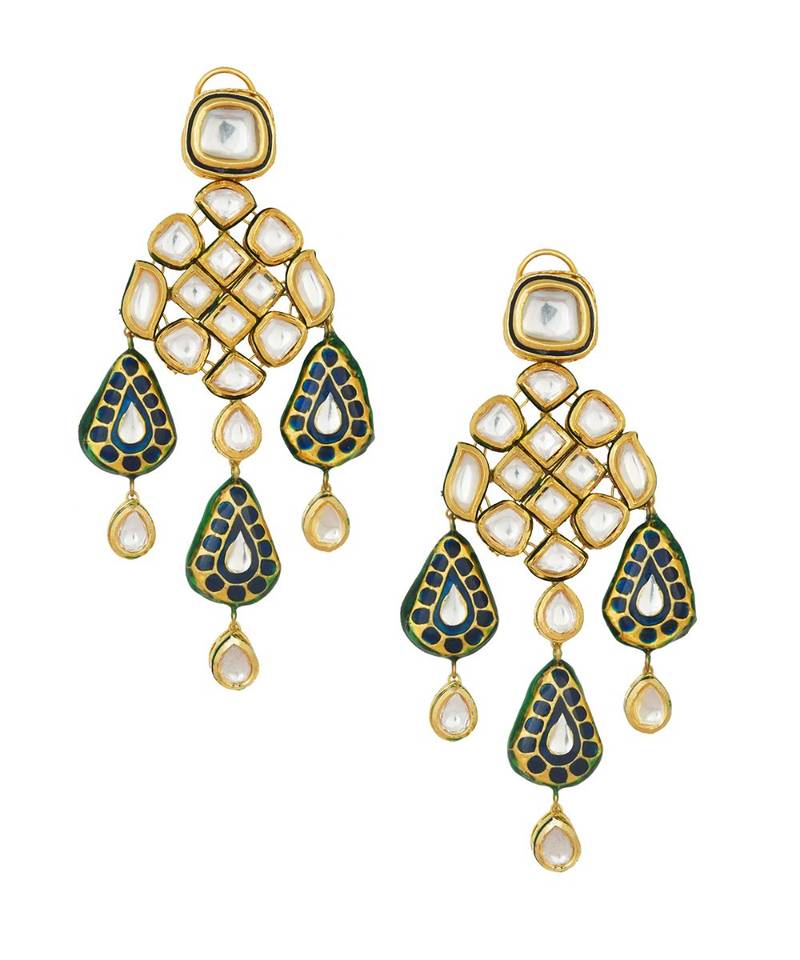 Eccentric Golden Meenakari Work On Traditional Kundan Polki Earrings