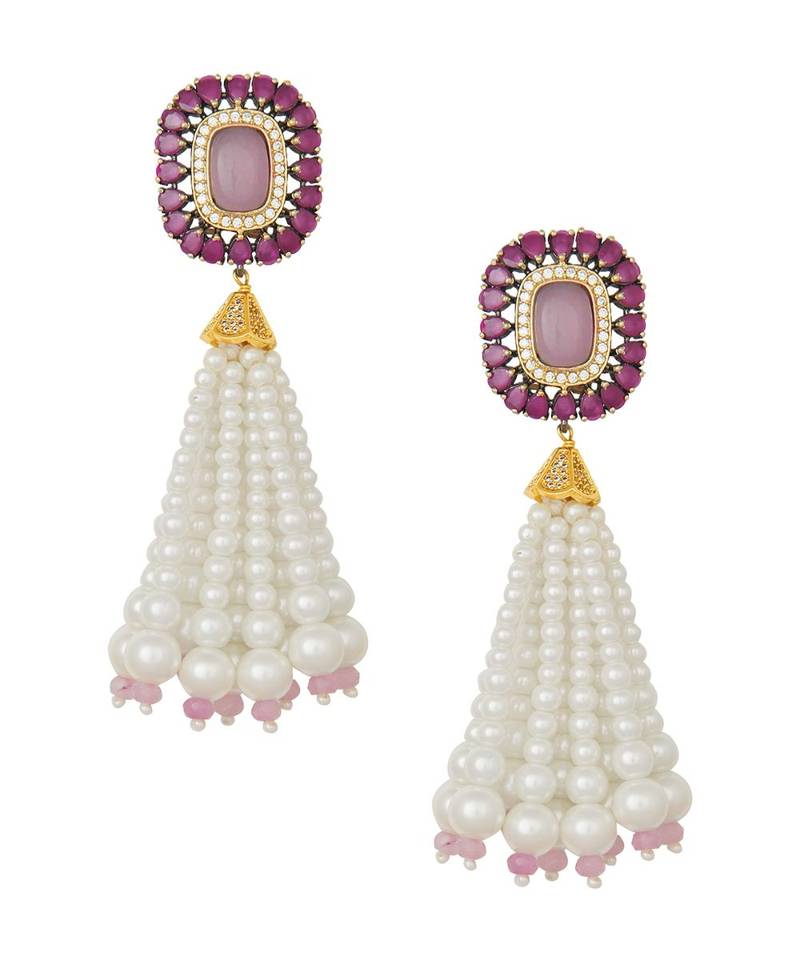 Lush Shell Pearl Earrings With Rose Quartz, Hydro Rubies And Delicate Swarovski Stones