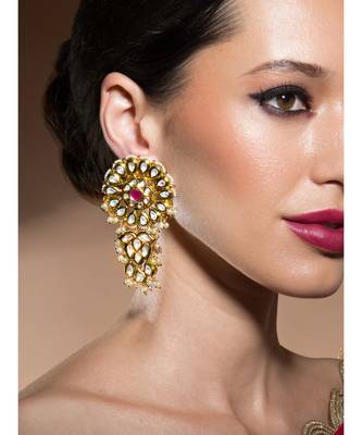 Classic Kundan Polki Hydro Ruby And White Shell Pearl Earrings 1