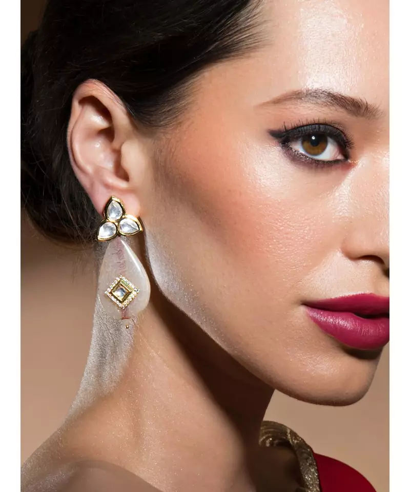Elegant Golden Kundan Polki Earrings With Rose-Gold Agate Teardrops