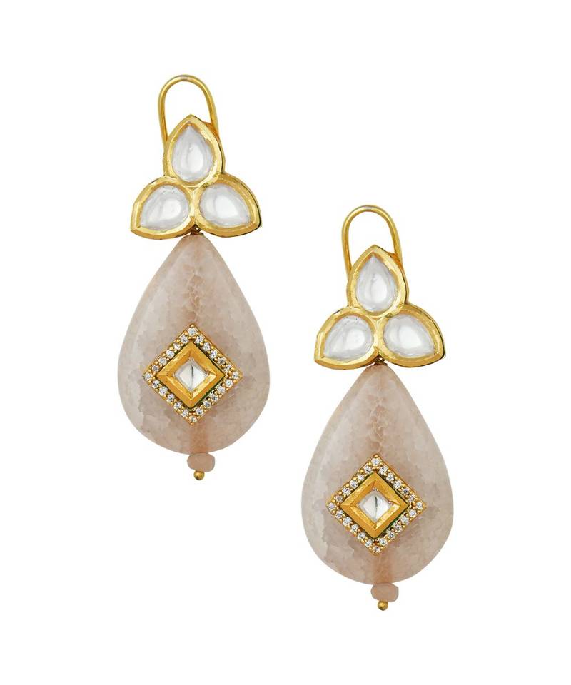 Pink Gold Tone Kundan Earrings With Agate
