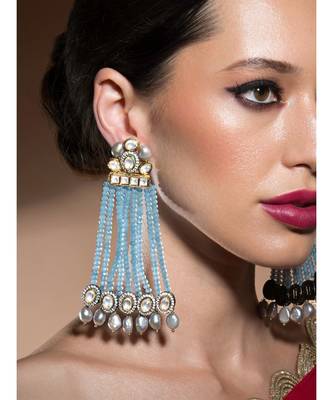 Contemporary Kundan Polki Earrings Studded With Fresh Water Pearls And Crystal Blue Agate Beads 1