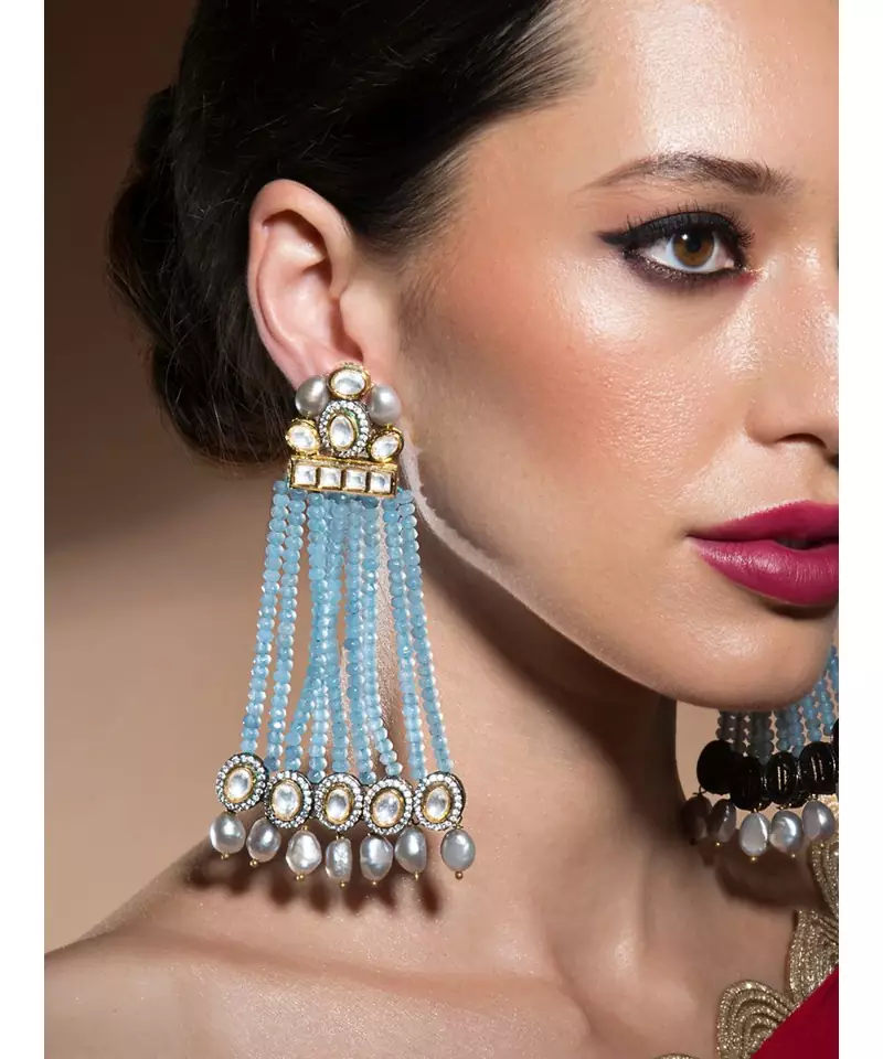 Contemporary Kundan Polki Earrings Studded With Fresh Water Pearls And Crystal Blue Agate Beads