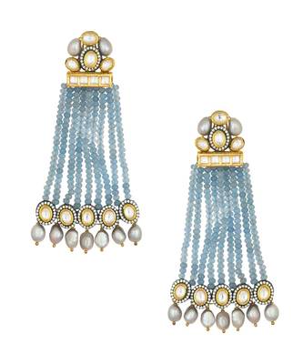 Contemporary Kundan Polki Earrings Studded With Fresh Water Pearls And Crystal Blue Agate Beads 2