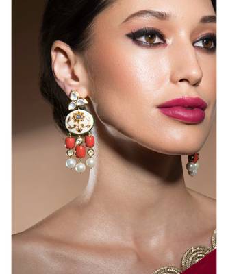 Stunning Gold Enamelled Kundan Polki Earrings In Red Corals And White Baroque Pearls 1