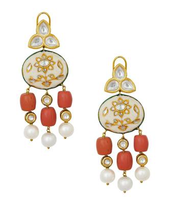 Stunning Gold Enamelled Kundan Polki Earrings In Red Corals And White Baroque Pearls 2