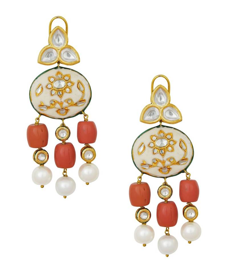 Stunning Gold Enamelled Kundan Polki Earrings In Red Corals And White Baroque Pearls