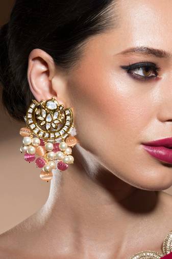 Eccentric Kundan Polki Earrings In Shell Pearls And Vibrant Carved Quartz