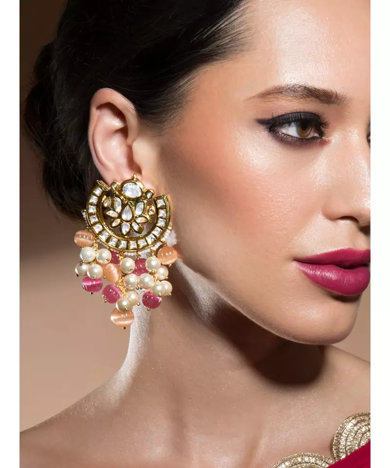 Eccentric Kundan Polki Earrings In Shell Pearls And Vibrant Carved Quartz