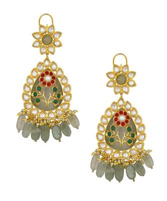 Lush Kundan Polki Earrings In Fluorides And White Shell Pearls With Vibrant Hydro Ruby And Emerald Embellishment 2