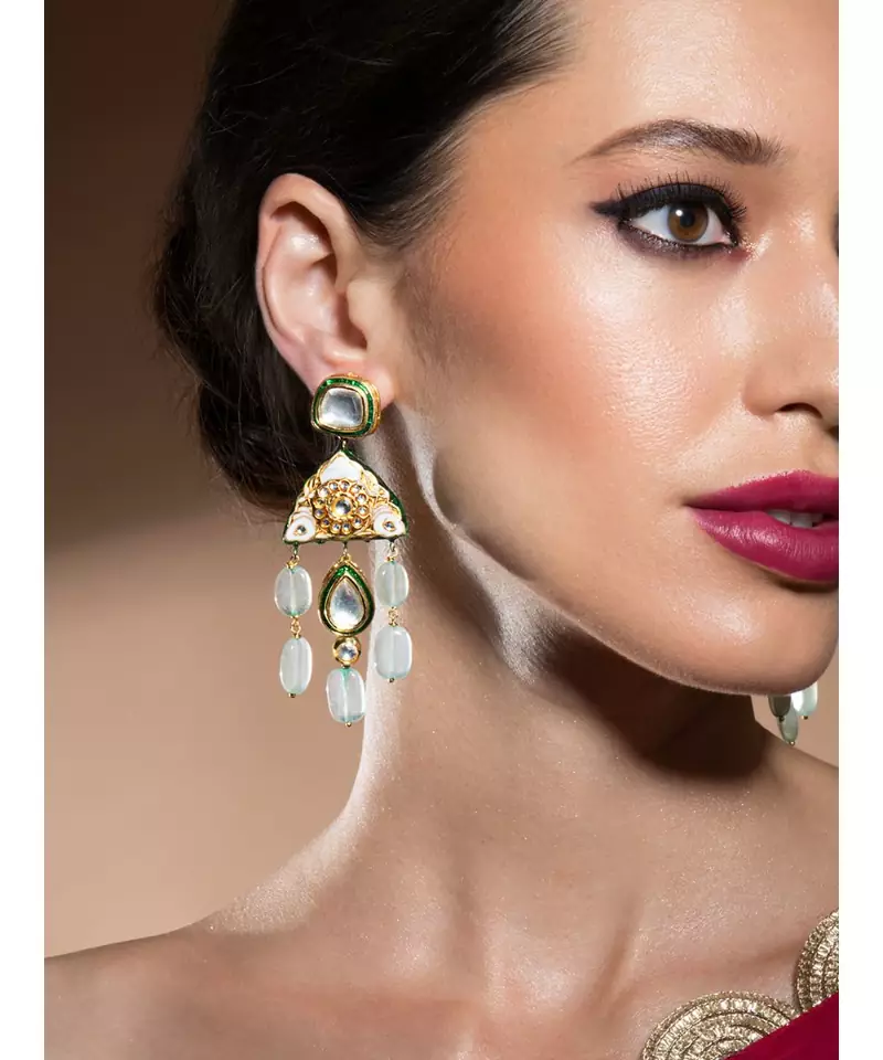 Intricate Kundan Polki Gold Enamelled Earrings In Glazed Jade