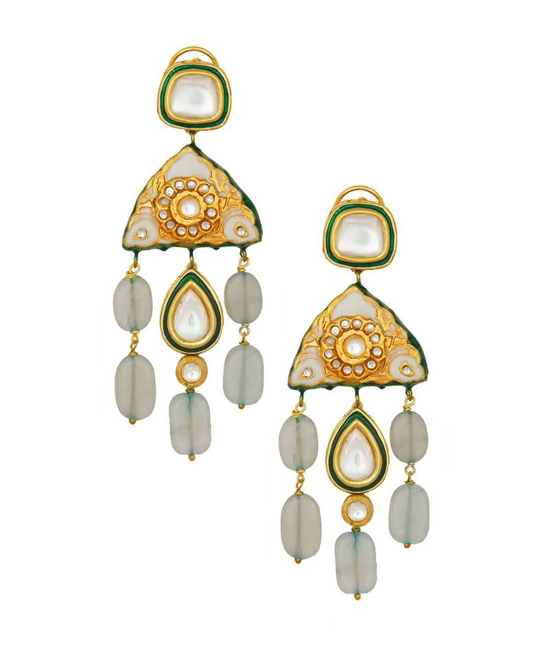 Intricate Kundan Polki Gold Enamelled Earrings In Glazed Jade