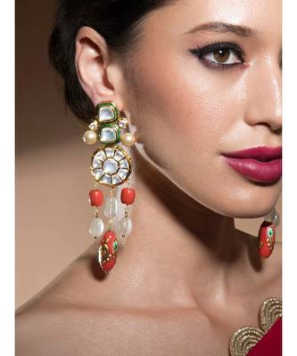 Stunning Kundan Polki Shell Pearl Earrings With Red Coral And Jade Danglers 1