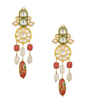 Stunning Kundan Polki Shell Pearl Earrings With Red Coral And Jade Danglers 2