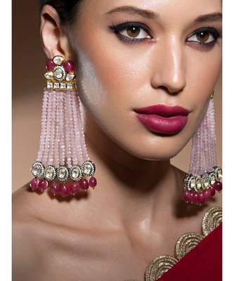 Lush Kundan Polki And Onyx Drop Earrings With Beautiful Soft Pink Agate Bead Danglers 1