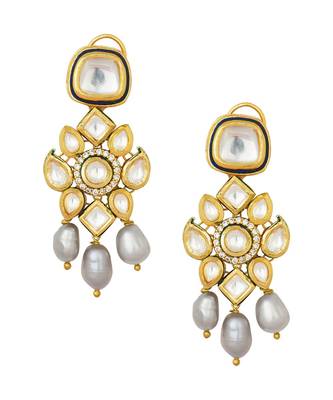 Enigmatic Kundan Polki Gold Enamelled Earrings In Stunning Baroque Pearls And Dazzling Quartz 2
